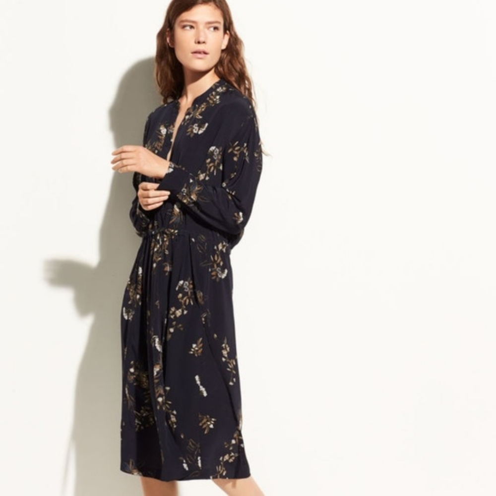 Vince Floral Tie Waist Silk Midi Shirt Dress in Navy Size M